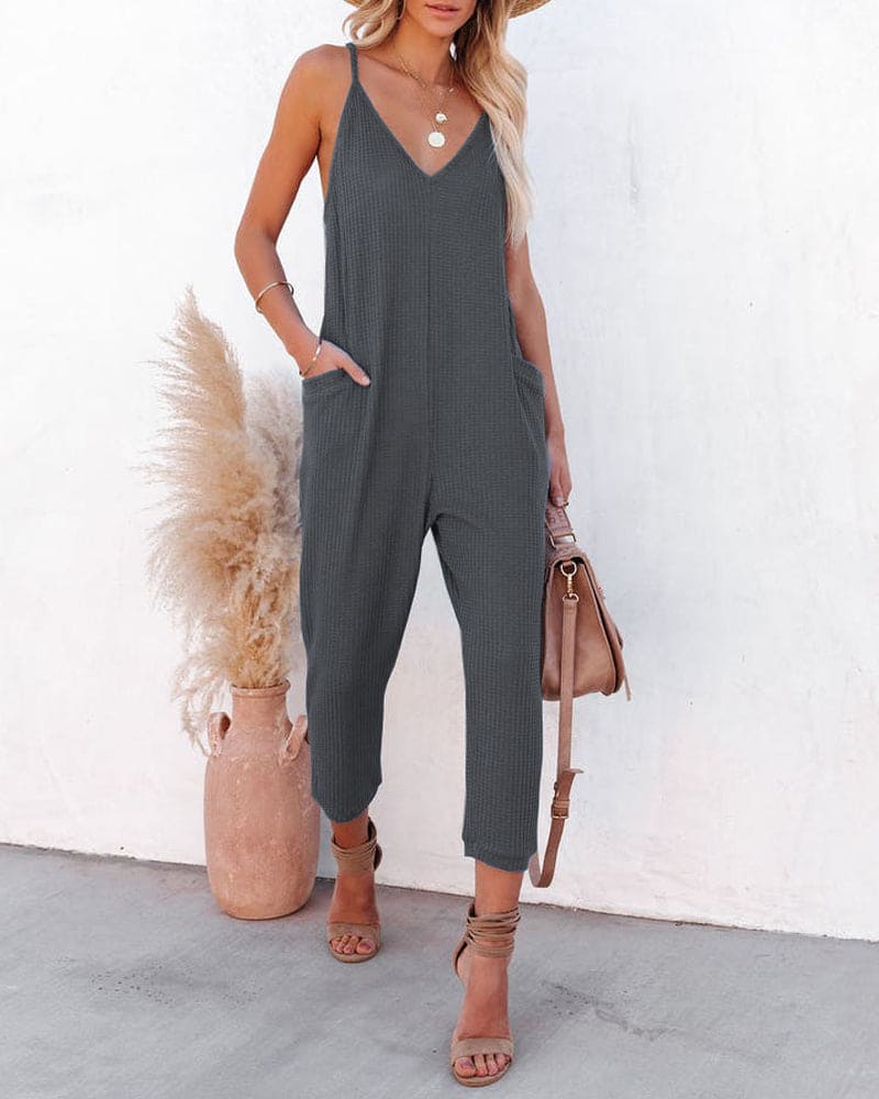 Suze | V-hals mouwloze jumpsuit in effen kleur met zakken