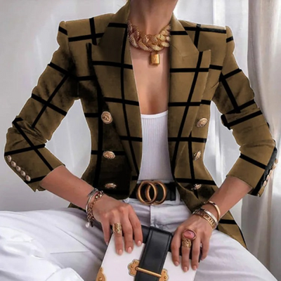 Vintage bedrukte damesblazer in kantoorstijl met dubbele rij knopen