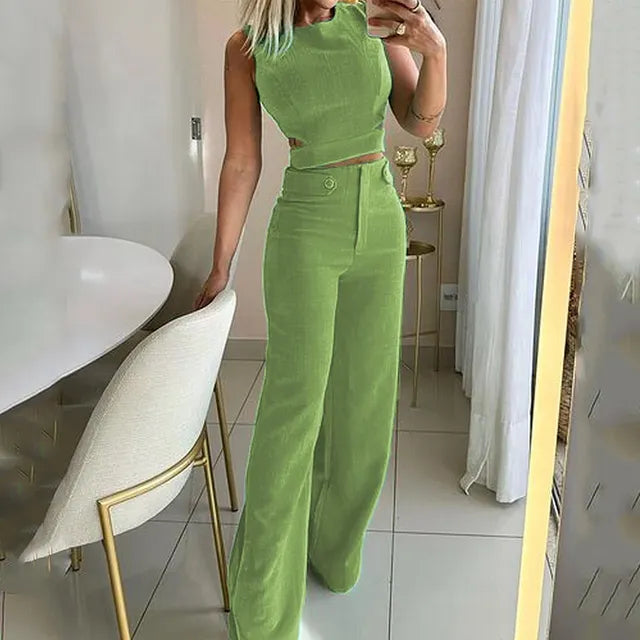 Esther - Tweedelige Set met effen kleur top en broek met knoopjes