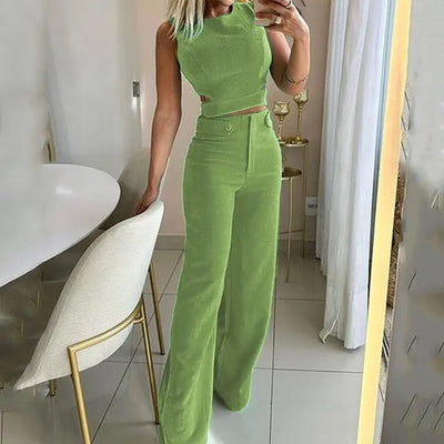 Esther - Tweedelige Set met effen kleur top en broek met knoopjes