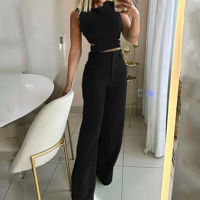 Esther - Tweedelige Set met effen kleur top en broek met knoopjes