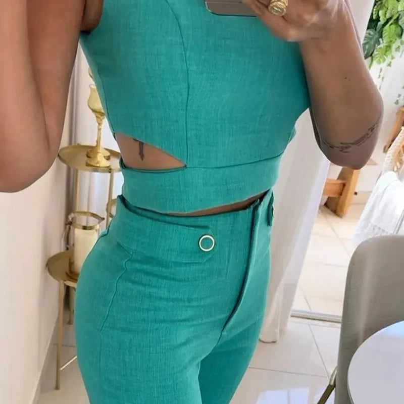 Esther - Tweedelige Set met effen kleur top en broek met knoopjes