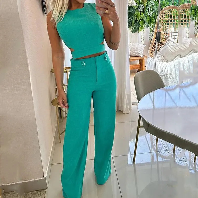 Esther - Tweedelige Set met effen kleur top en broek met knoopjes