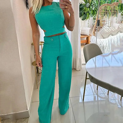 Esther - Tweedelige Set met effen kleur top en broek met knoopjes