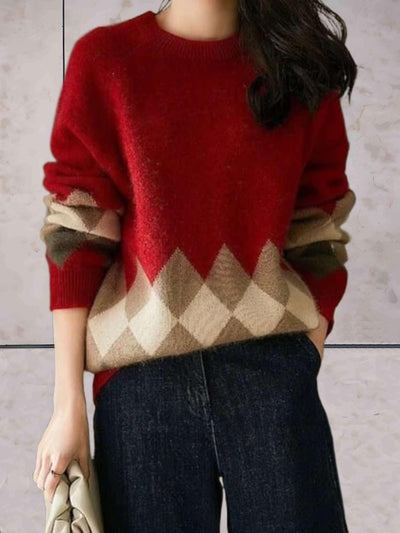 Ines - Oversized gebreide trui in contrasterende kleuren met een ronde halslijn