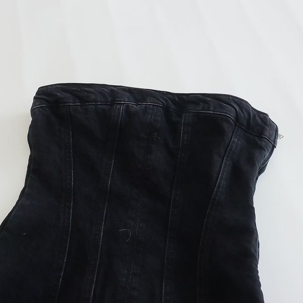 Sandra Strapless Denim Jurk | Stoer denim jurk zonder hals en rits aan de zijkant