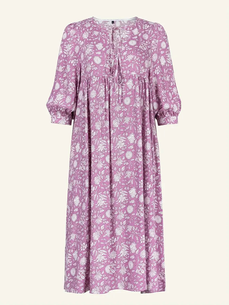 Emily - Losse Boho Maxi Jurk met Strik V-Hals en Korte Mouwen