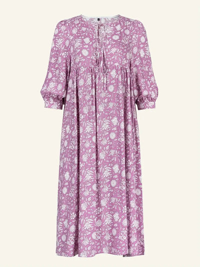 Emily - Losse Boho Maxi Jurk met Strik V-Hals en Korte Mouwen