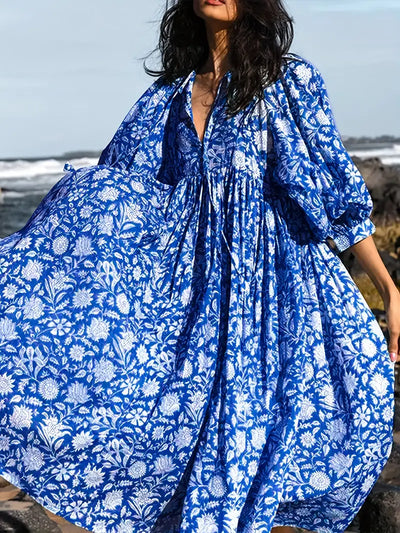 Emily - Losse Boho Maxi Jurk met Strik V-Hals en Korte Mouwen