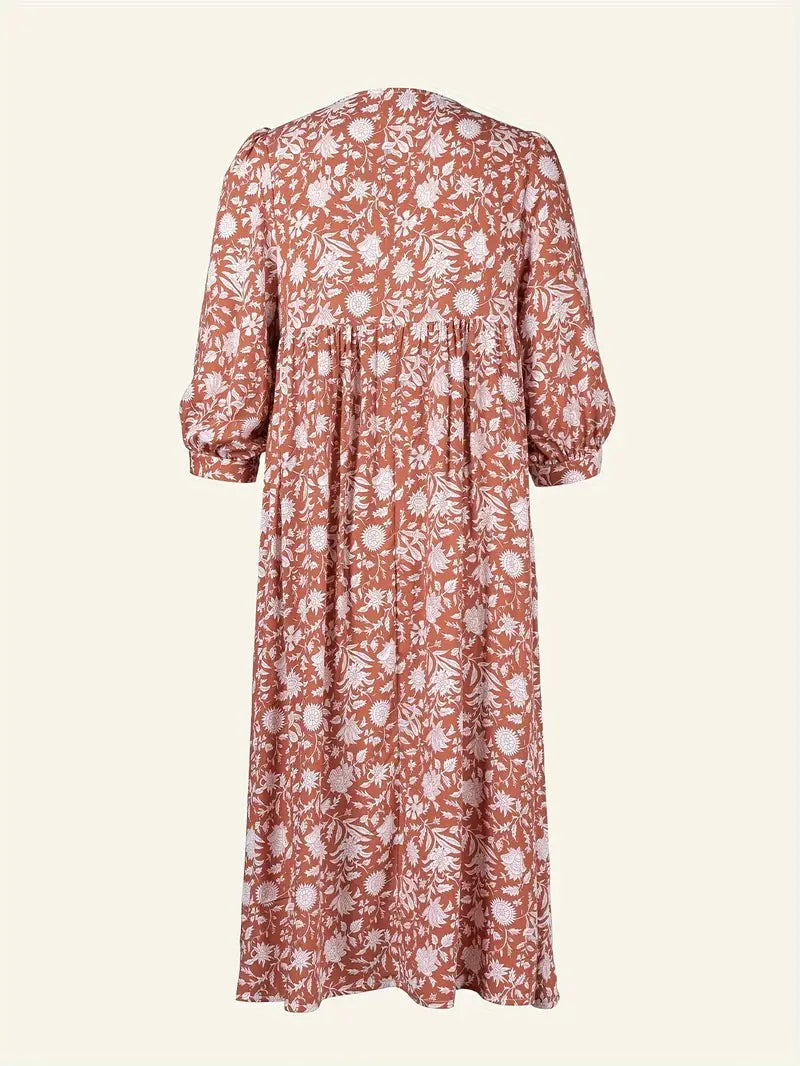 Emily - Losse Boho Maxi Jurk met Strik V-Hals en Korte Mouwen