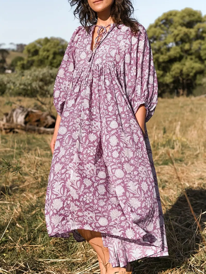 Emily - Losse Boho Maxi Jurk met Strik V-Hals en Korte Mouwen