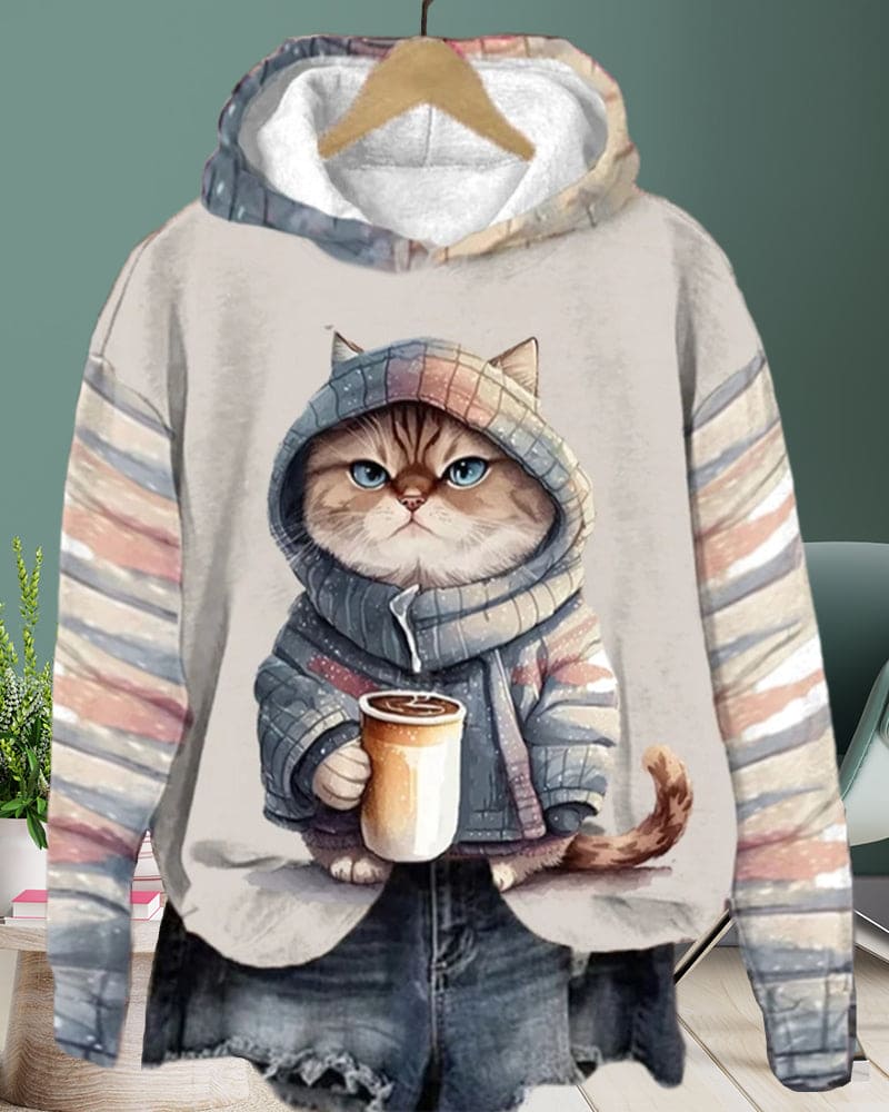 Merel | Sweater met capuchon, grafische kat-print en lange mouwen