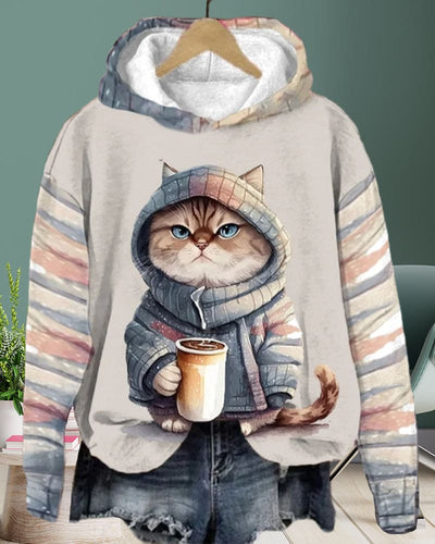 Merel | Sweater met capuchon, grafische kat-print en lange mouwen