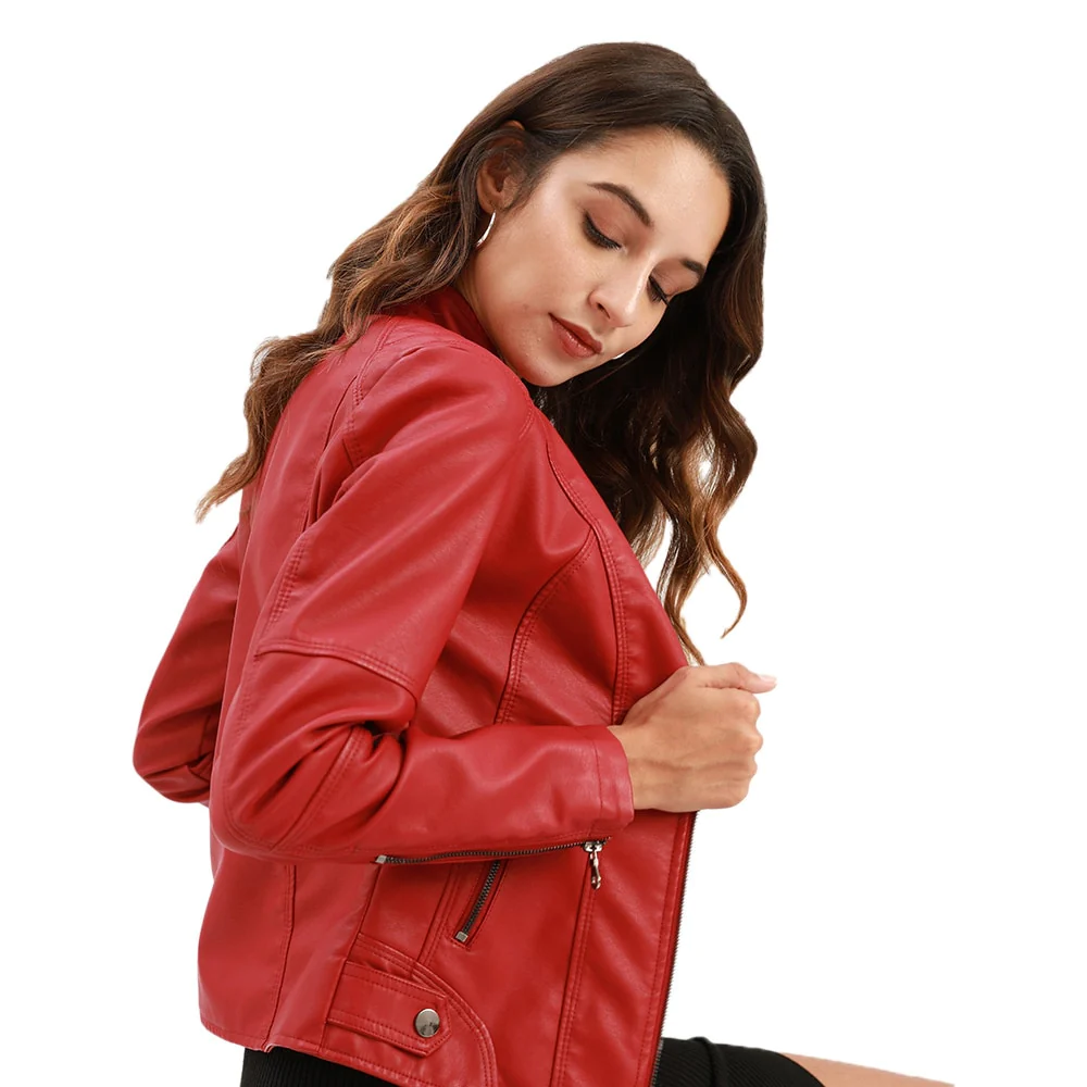 Goose - Korte stijlvolle faux leren bikerjacket voor dames met korte kraag