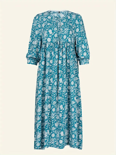 Emily - Losse Boho Maxi Jurk met Strik V-Hals en Korte Mouwen