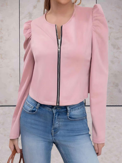 Feah - Roze cropped jack met rits en pofmouwen