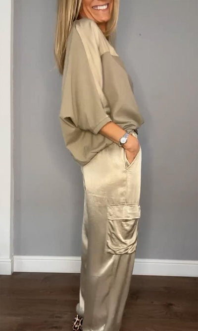 Stijlvolle Dames Satijnen Tweedelige Set: Halve Mouwen Top en Broek