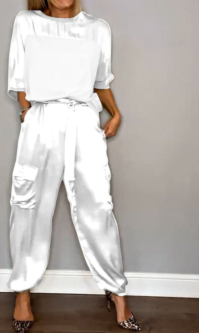 Stijlvolle Dames Satijnen Tweedelige Set: Halve Mouwen Top en Broek