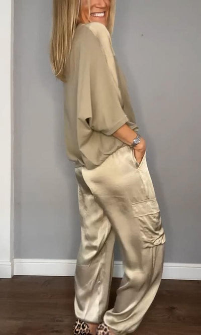 Stijlvolle Dames Satijnen Tweedelige Set: Halve Mouwen Top en Broek