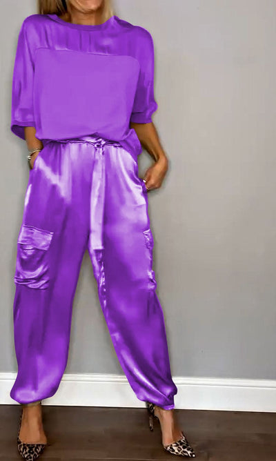Stijlvolle Dames Satijnen Tweedelige Set: Halve Mouwen Top en Broek