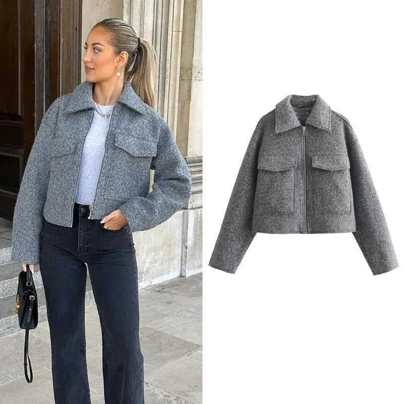 Zaria Tweed Jacket | Trendy, elegante korte lentejas/tussenjas met rits en omgevouwen kraag voor dames