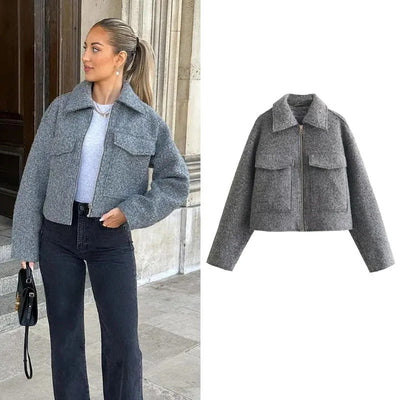 Zaria Tweed Jacket | Trendy, elegante korte lentejas/tussenjas met rits en omgevouwen kraag voor dames
