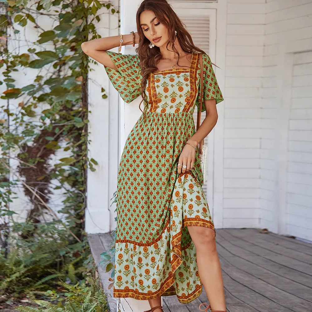 Takara Jurk | Stijlvolle lange BOHO vintage bloemenjurk met vierkante hals