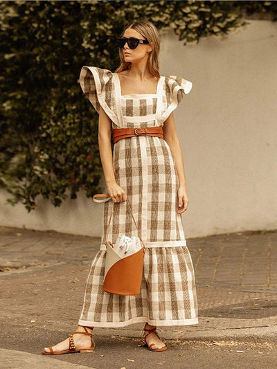 Sandra Jurk | Stijlvolle Plaid midi-jurk met hoge taille, vierkante halslijn en pofmouwen