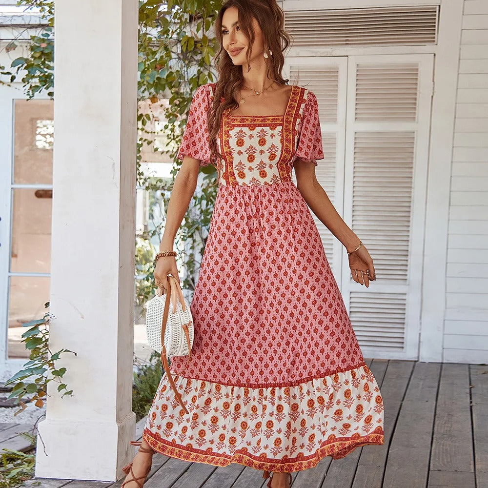 Takara Jurk | Stijlvolle lange BOHO vintage bloemenjurk met vierkante hals